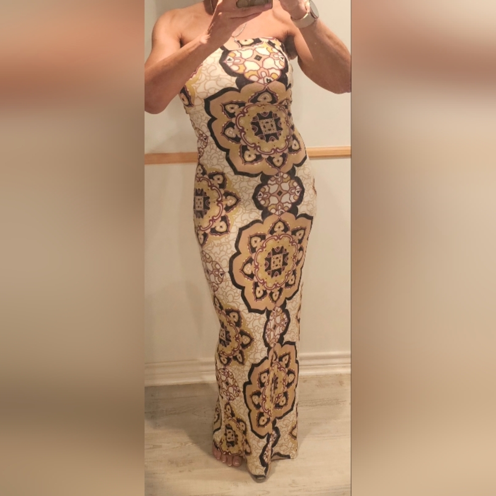 NWT Hale Bob Off-Shoulder Tube Top Beige Colorful Geo Print Stretch Maxi Dress S